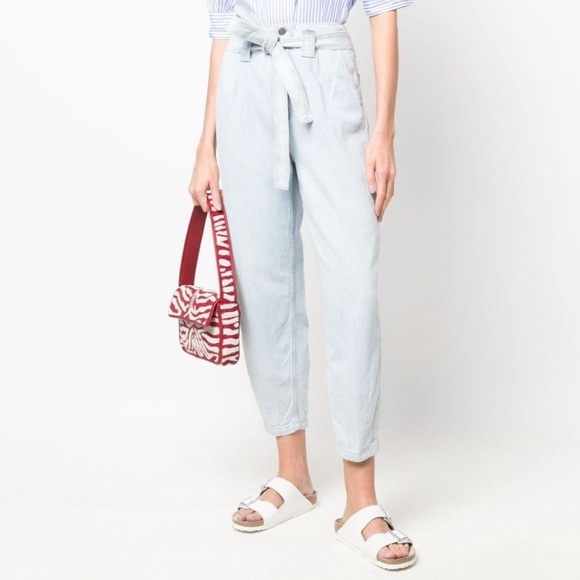 New Ralph Lauren High Rise Tapered Blue Tie Belt Ankle Cotton Denim Jeans Pants - Picture 3 of 16